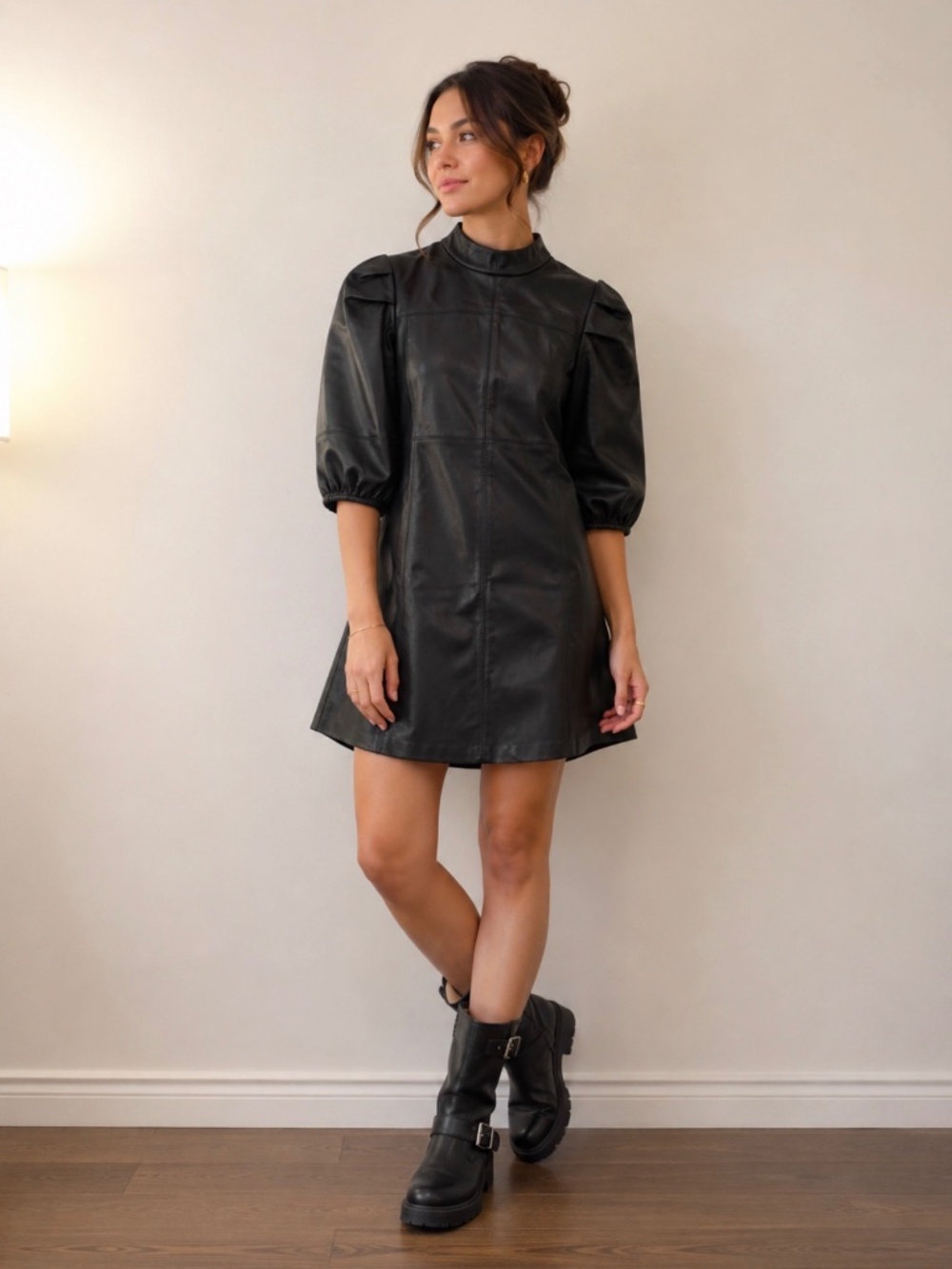 Black Faux Leather Puff Sleeve Mini Dress | Size S